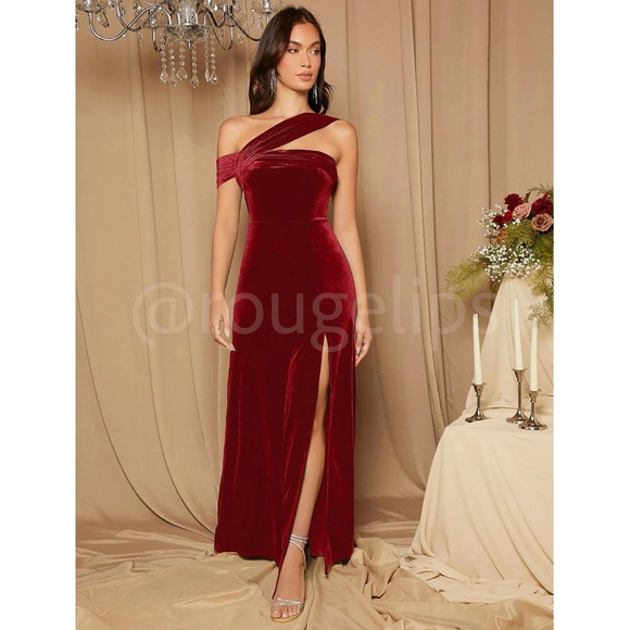 Burgundy Velvet Asymmetric Shoulder Maxi Dress High Leg Slit - Picture 4 of 6